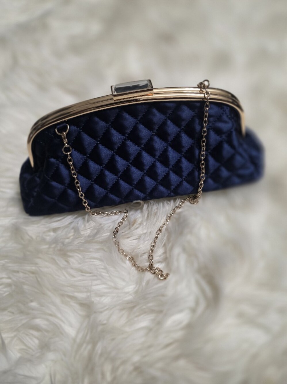 Kate Landry Navy Quilted Satin Clutch with Gold Chain